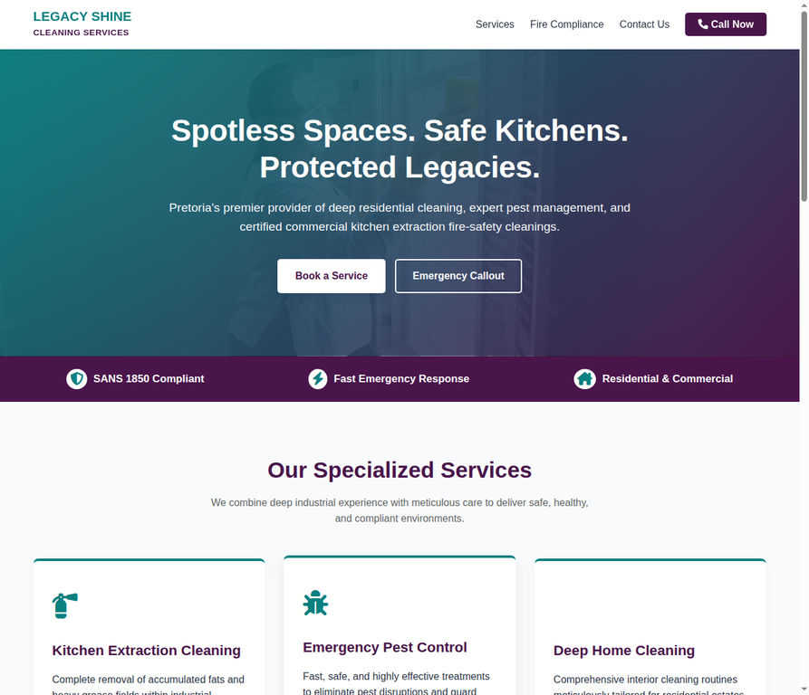 Screenshot of the Legacy Shine Cleaning Services website