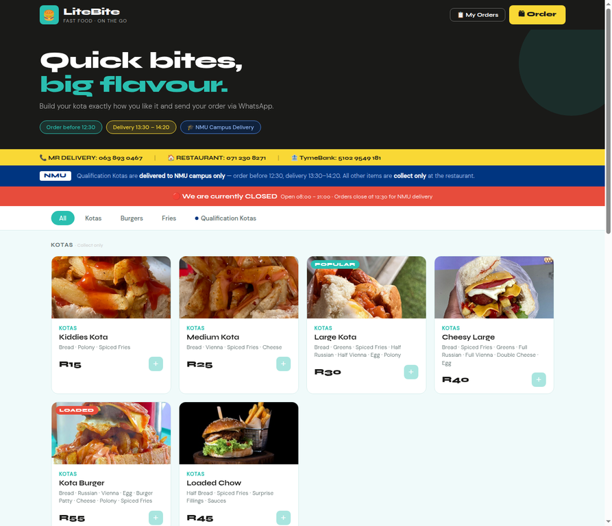Screenshot of the LiteBite Fast Food ordering website