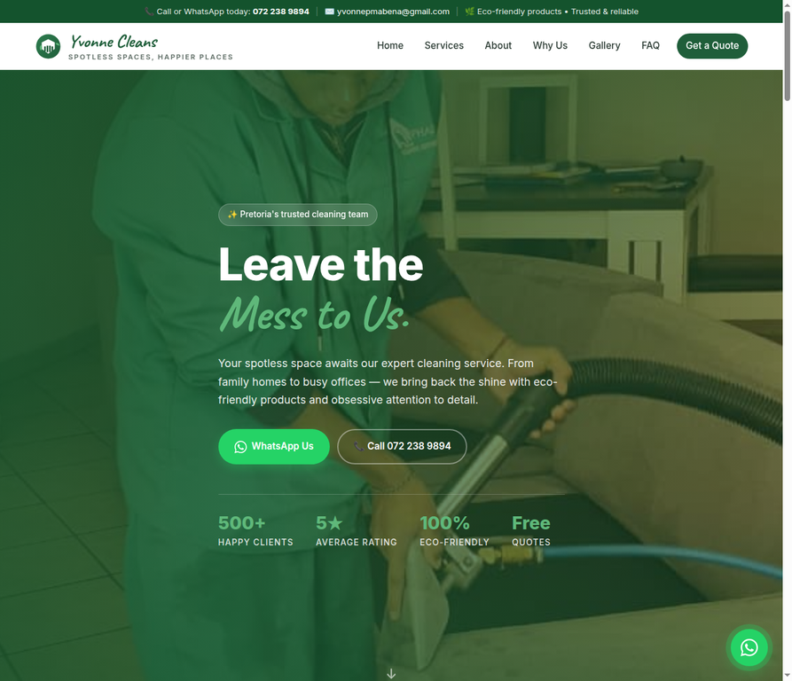 Screenshot of the Yvonne Cleans cleaning-service website
